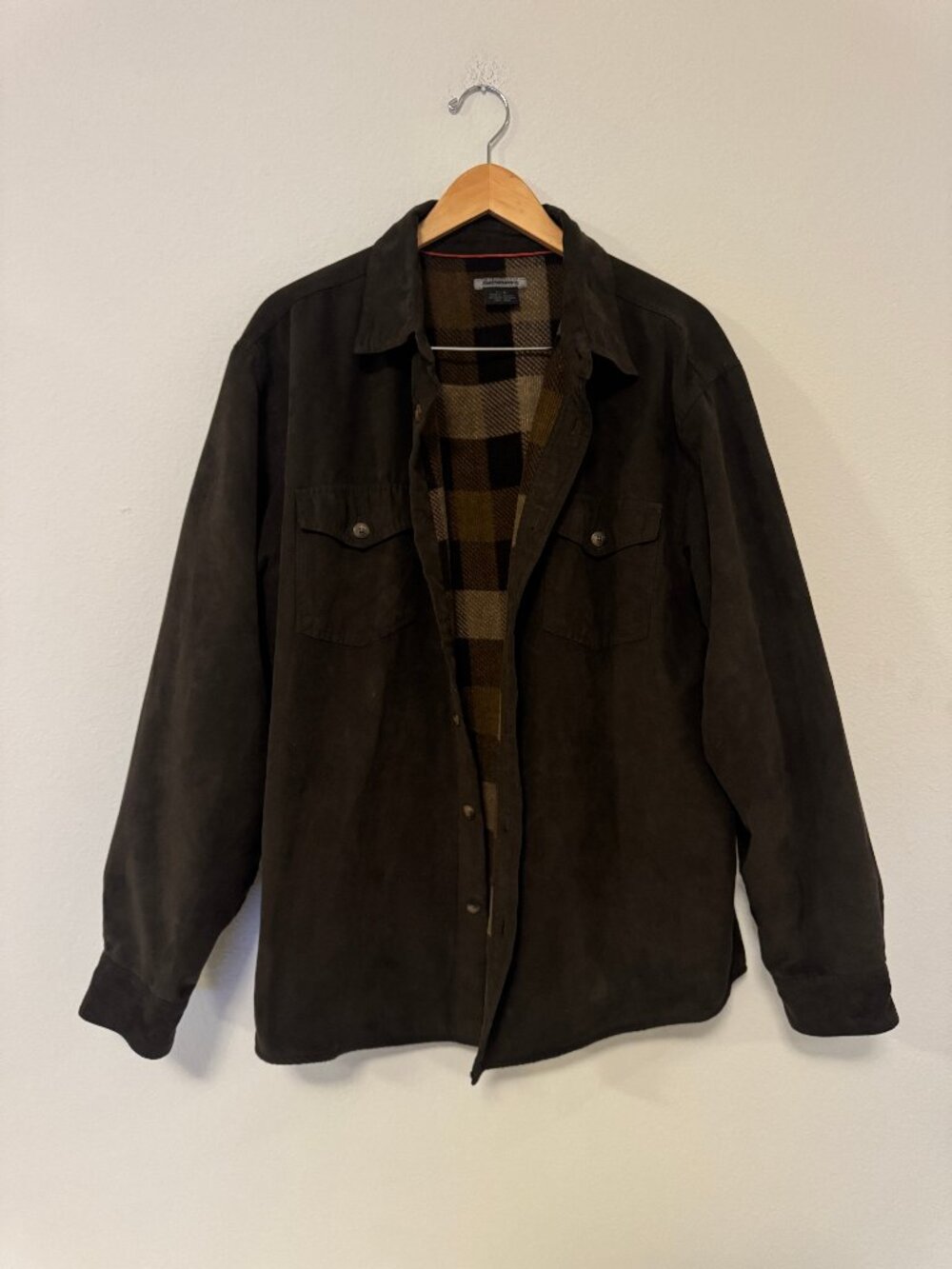 Johnston & Murphy Faux Suede Plaid Lined Shirt Jacket Men's L Brown